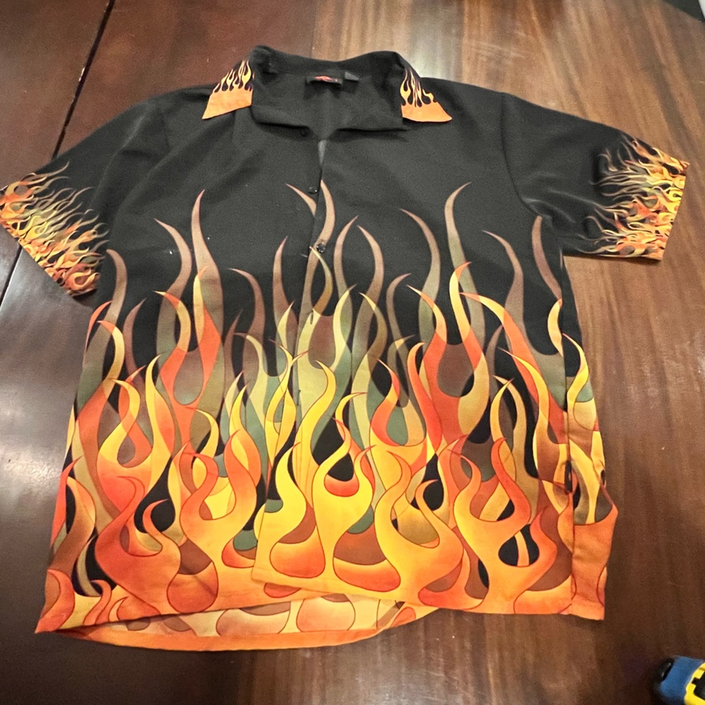 Black Tee with Orange & Yellow Flame Graphic
